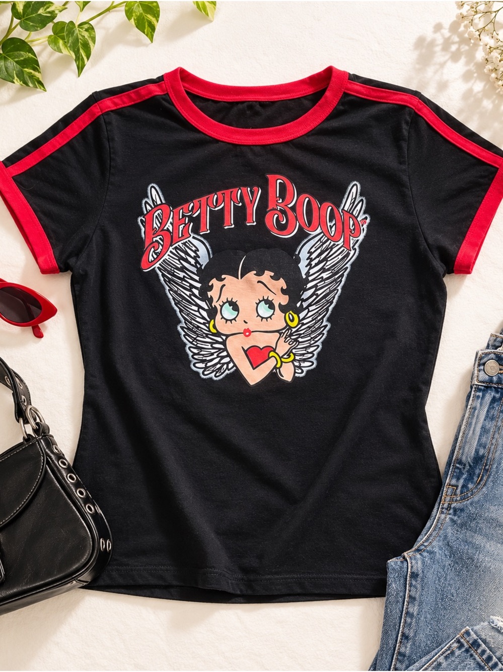 Betty Boop XL Black Red Ringer Baby Tee Winged Graphic Y2K